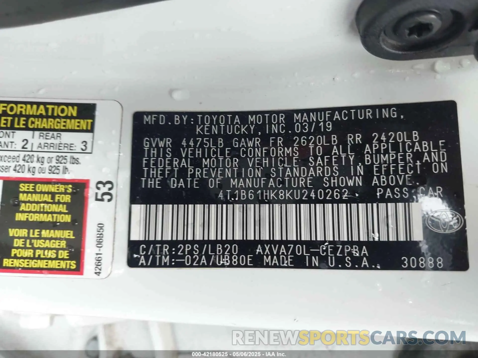 9 Photograph of a damaged car 4T1B61HK8KU240262 TOYOTA CAMRY 2019