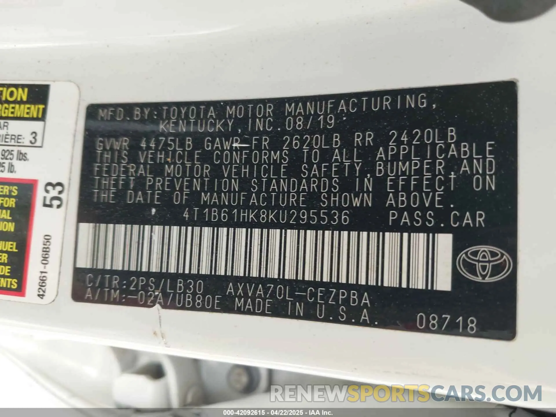 9 Photograph of a damaged car 4T1B61HK8KU295536 TOYOTA CAMRY 2019