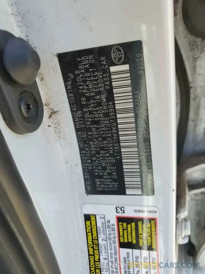 12 Photograph of a damaged car 4T1B61HK8KU739904 TOYOTA CAMRY 2019