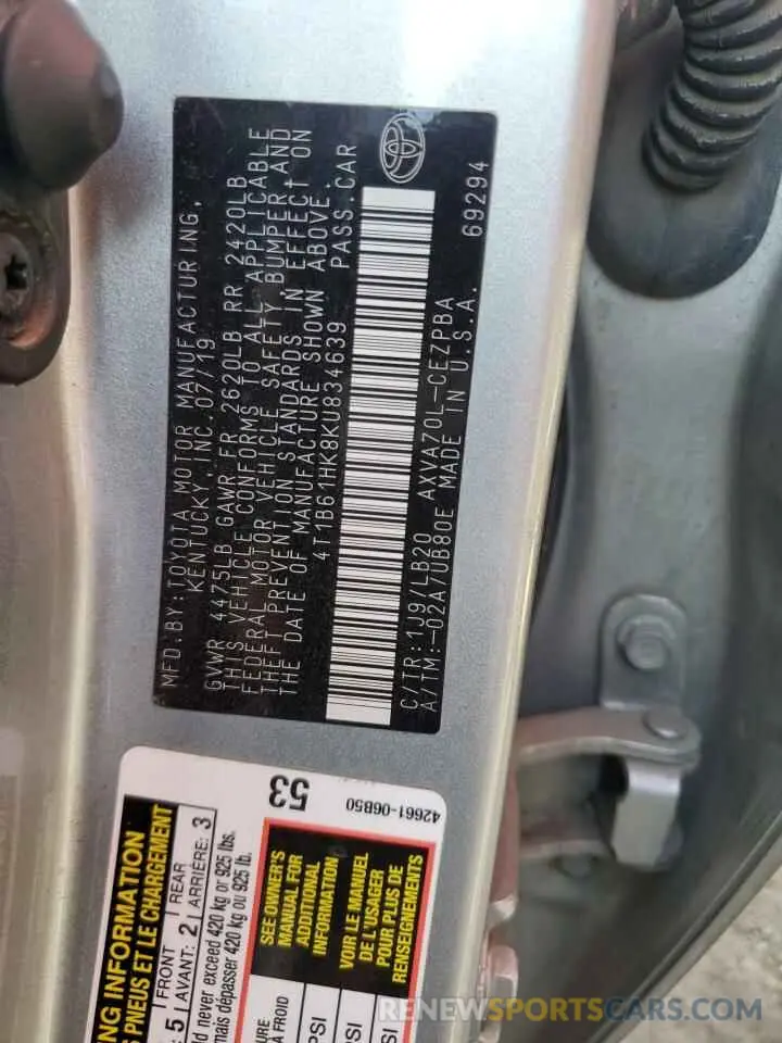 13 Photograph of a damaged car 4T1B61HK8KU834639 TOYOTA CAMRY 2019