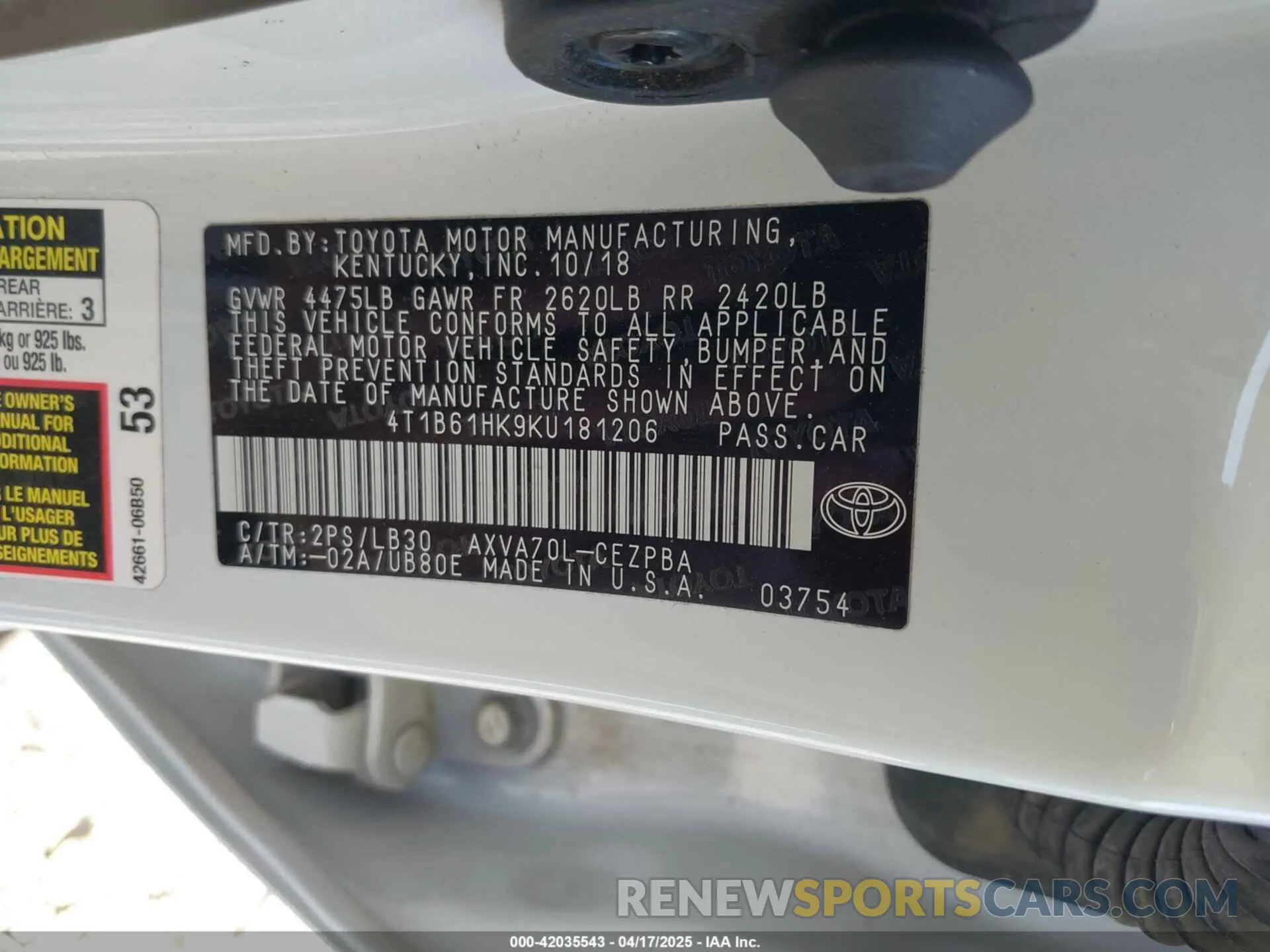 9 Photograph of a damaged car 4T1B61HK9KU181206 TOYOTA CAMRY 2019