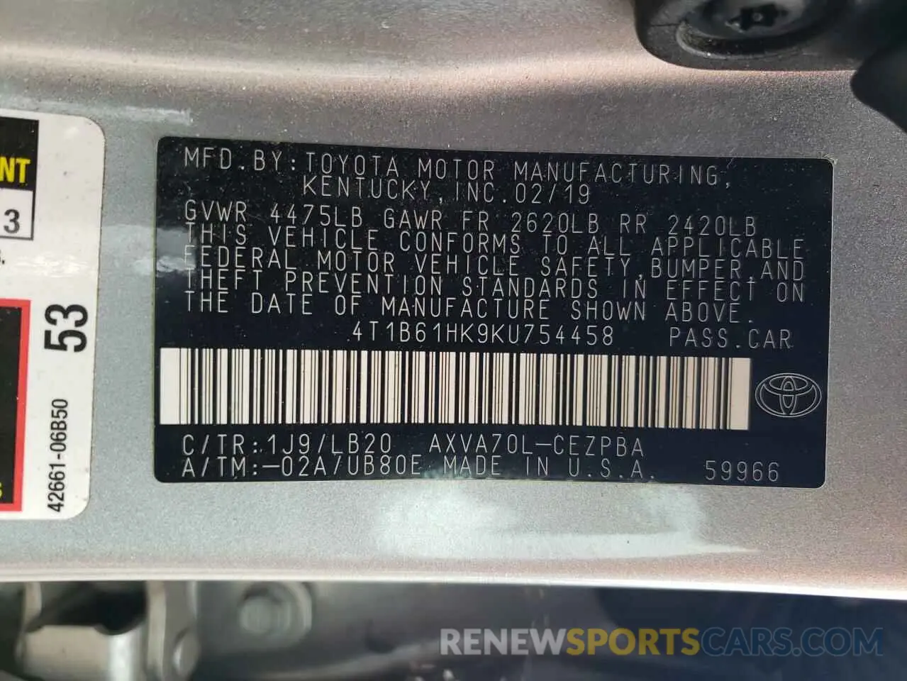13 Photograph of a damaged car 4T1B61HK9KU754458 TOYOTA CAMRY 2019