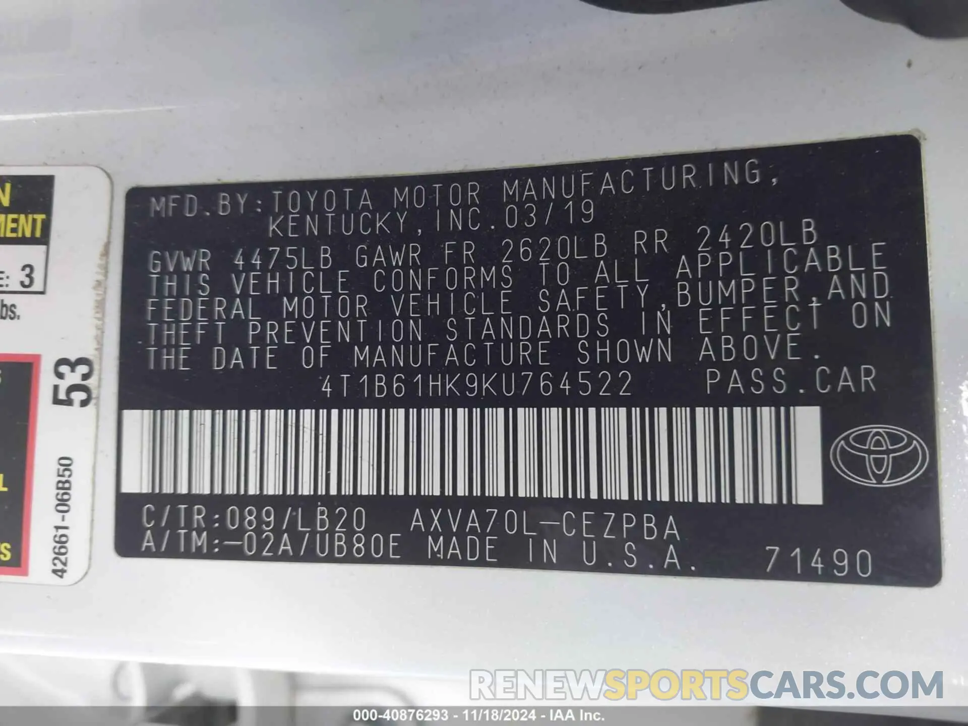 9 Photograph of a damaged car 4T1B61HK9KU764522 TOYOTA CAMRY 2019