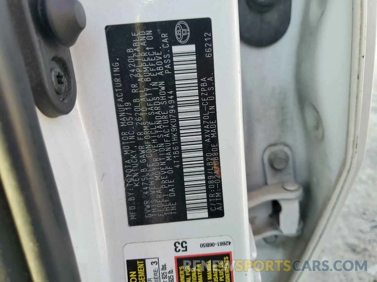 12 Photograph of a damaged car 4T1B61HK9KU794944 TOYOTA CAMRY 2019