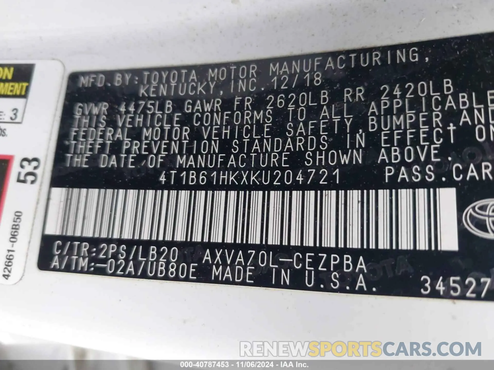 9 Photograph of a damaged car 4T1B61HKXKU204721 TOYOTA CAMRY 2019