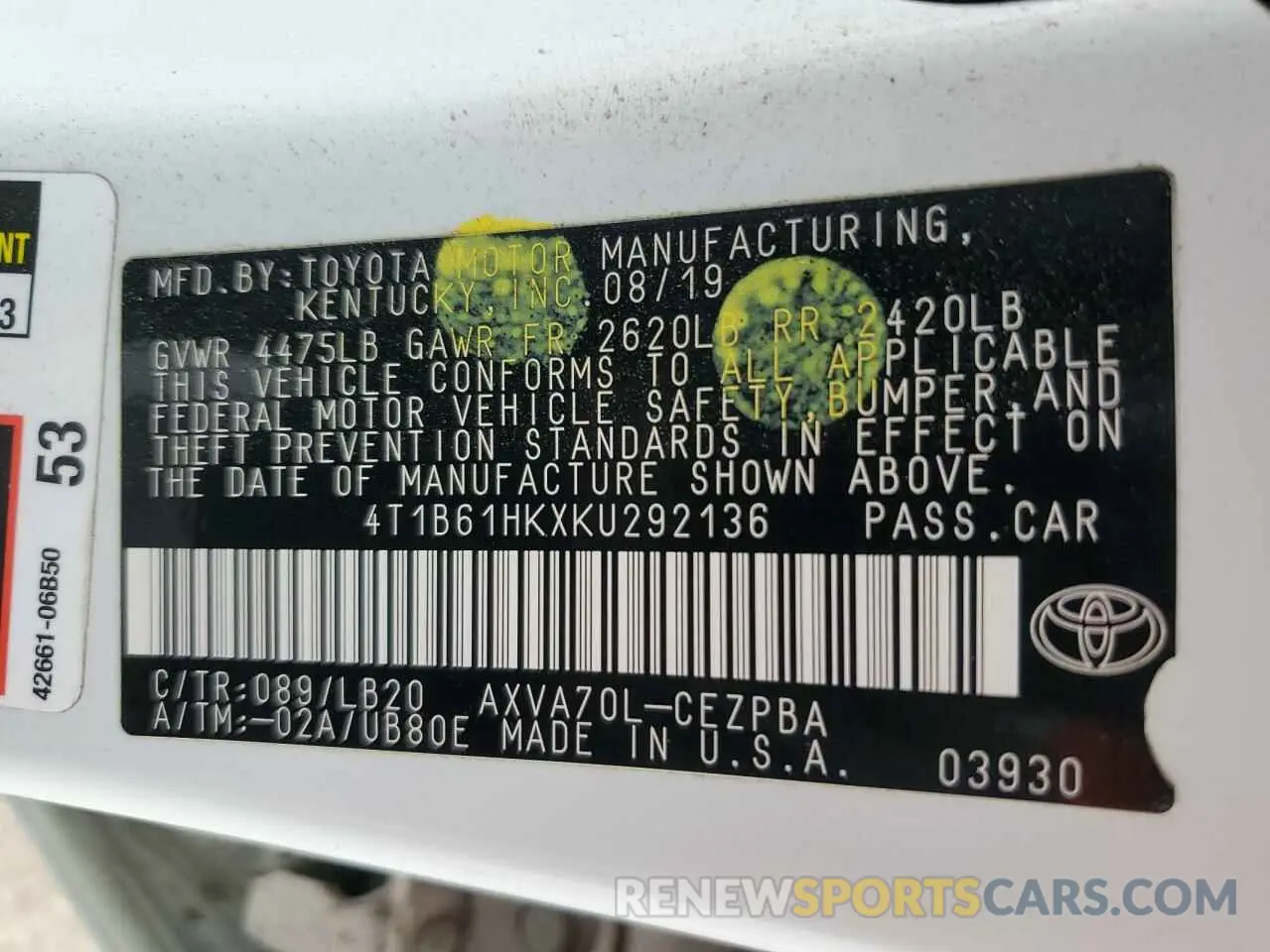 15 Photograph of a damaged car 4T1B61HKXKU292136 TOYOTA CAMRY 2019