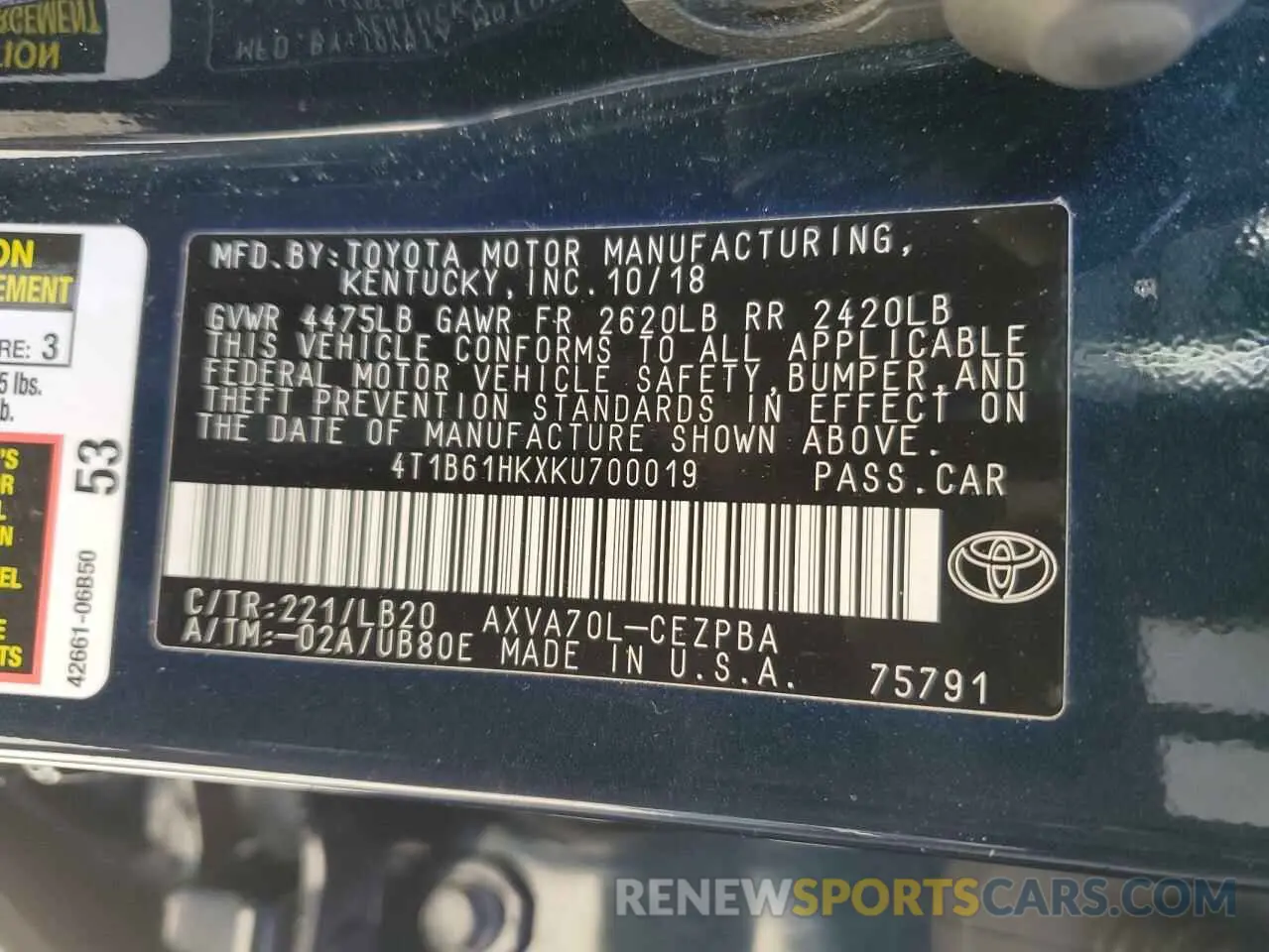12 Photograph of a damaged car 4T1B61HKXKU700019 TOYOTA CAMRY 2019