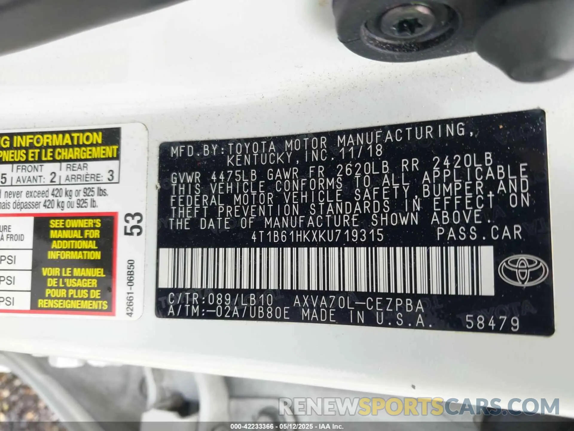 9 Photograph of a damaged car 4T1B61HKXKU719315 TOYOTA CAMRY 2019