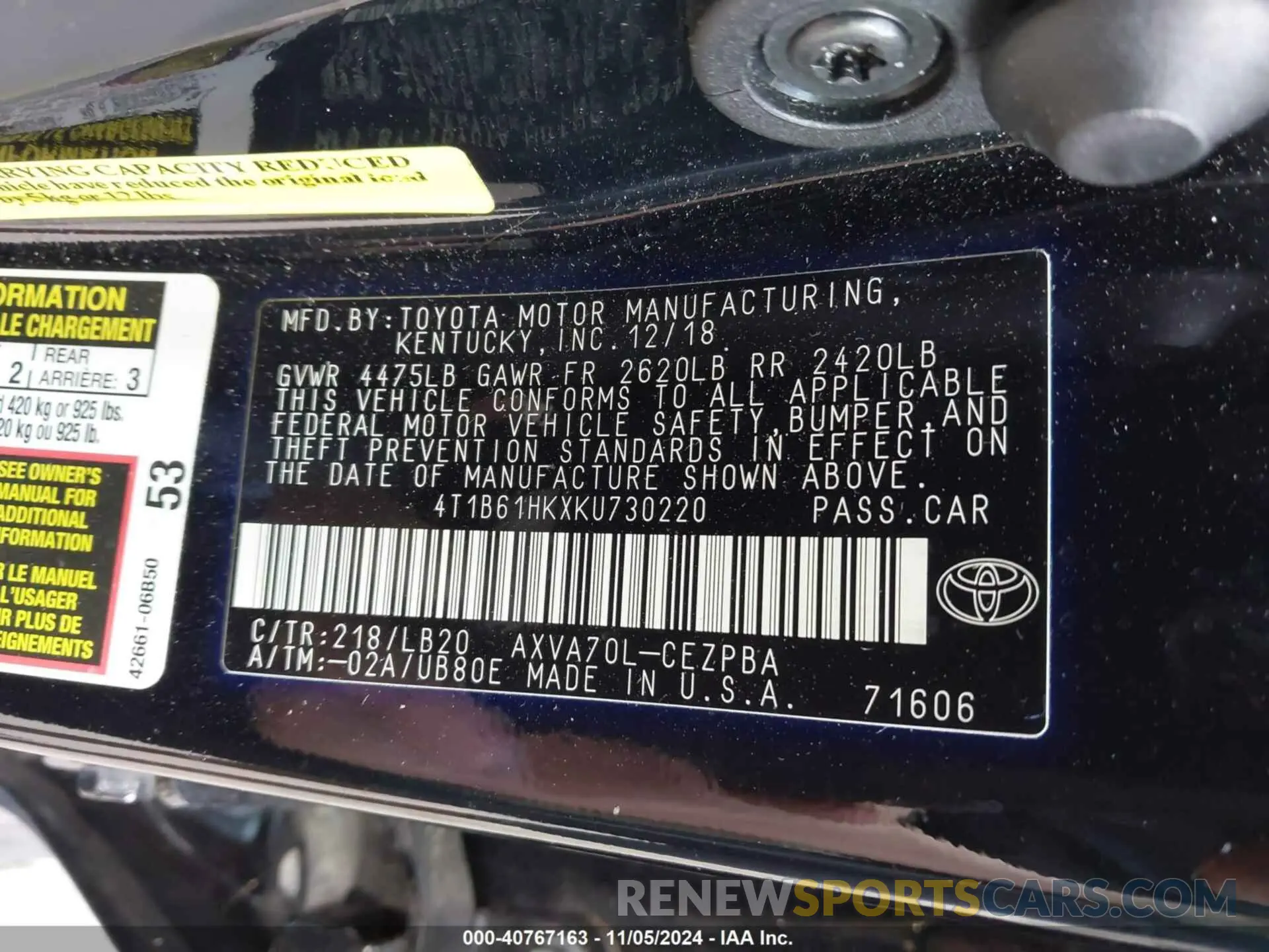 9 Photograph of a damaged car 4T1B61HKXKU730220 TOYOTA CAMRY 2019