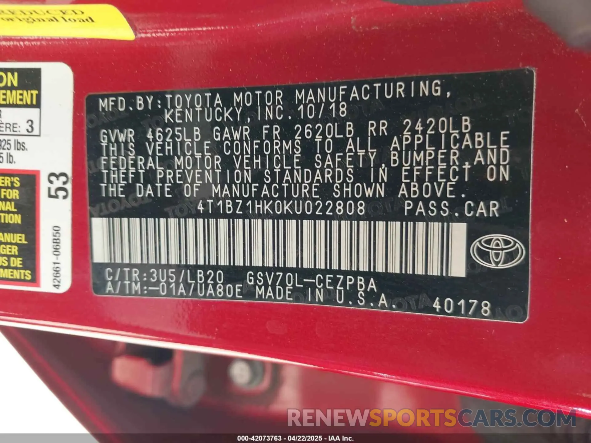 9 Photograph of a damaged car 4T1BZ1HK0KU022808 TOYOTA CAMRY 2019