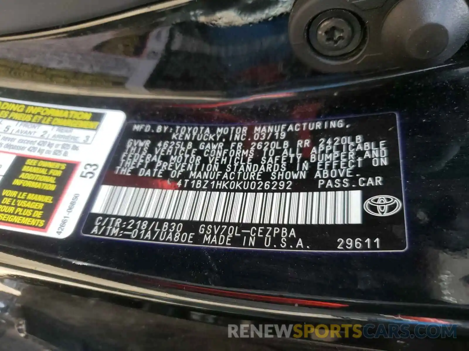 10 Photograph of a damaged car 4T1BZ1HK0KU026292 TOYOTA CAMRY 2019