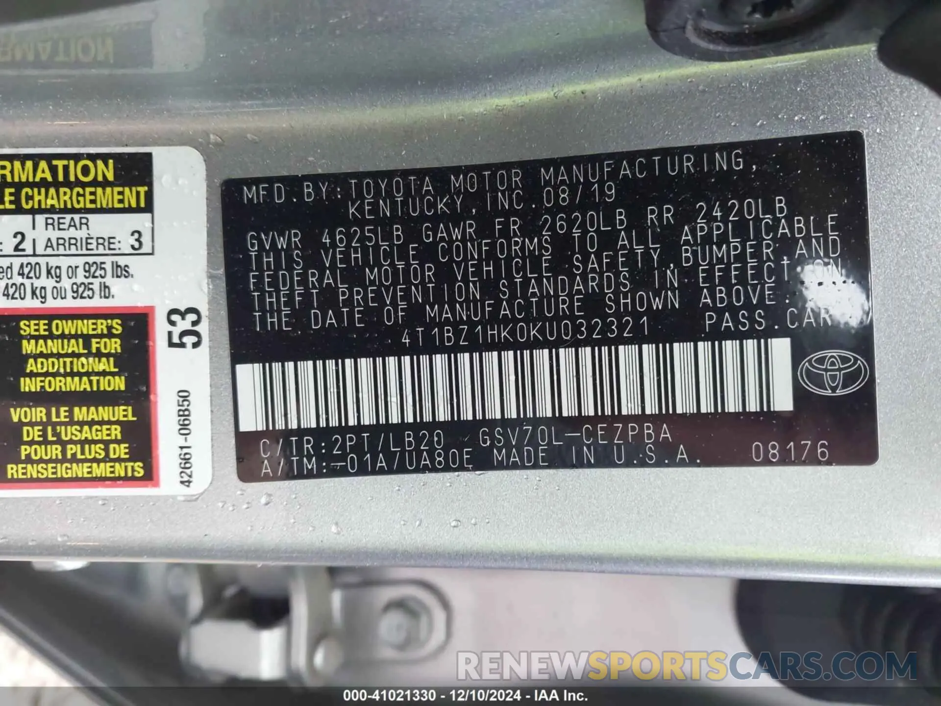 9 Photograph of a damaged car 4T1BZ1HK0KU032321 TOYOTA CAMRY 2019