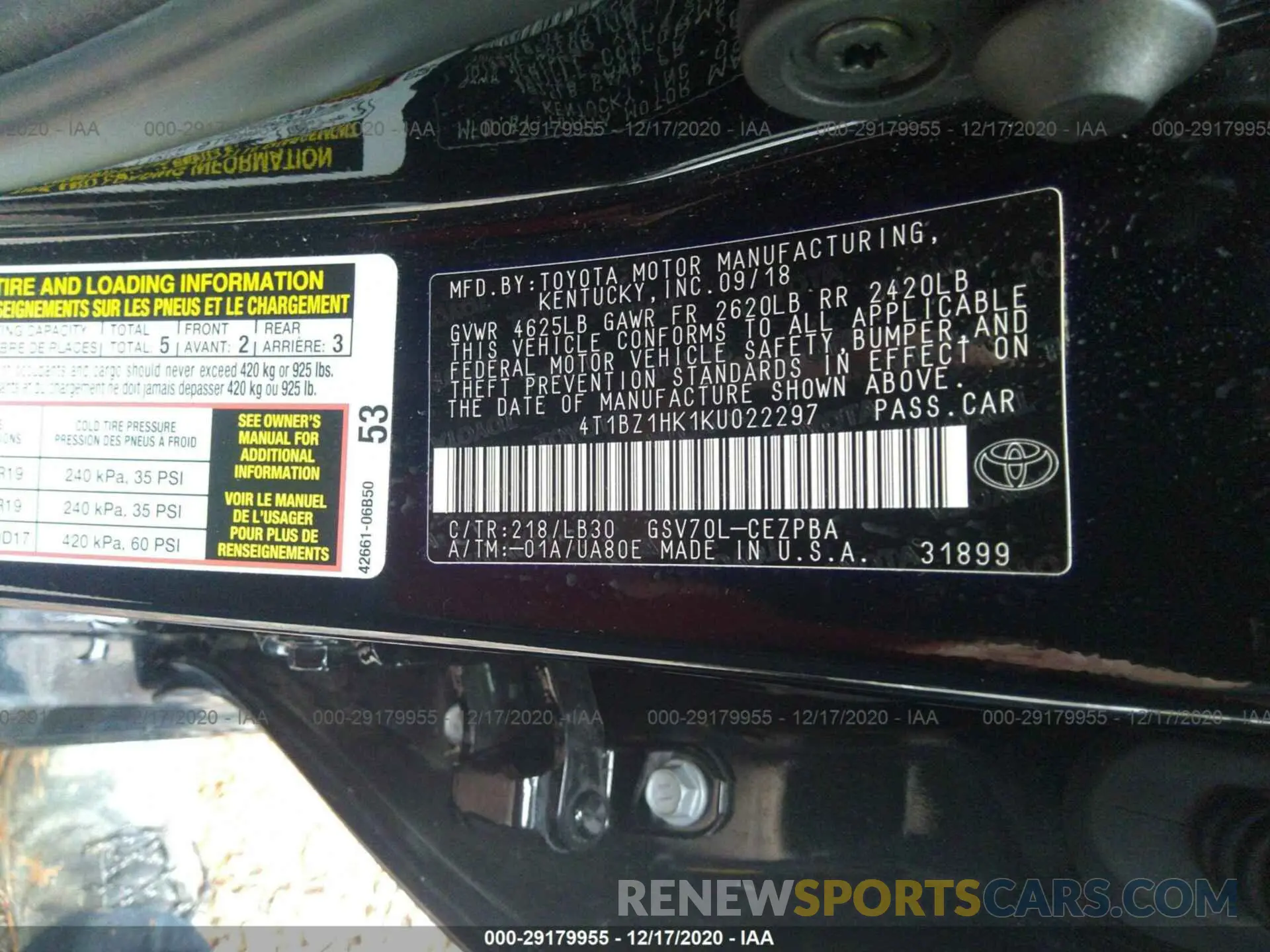 9 Photograph of a damaged car 4T1BZ1HK1KU022297 TOYOTA CAMRY 2019