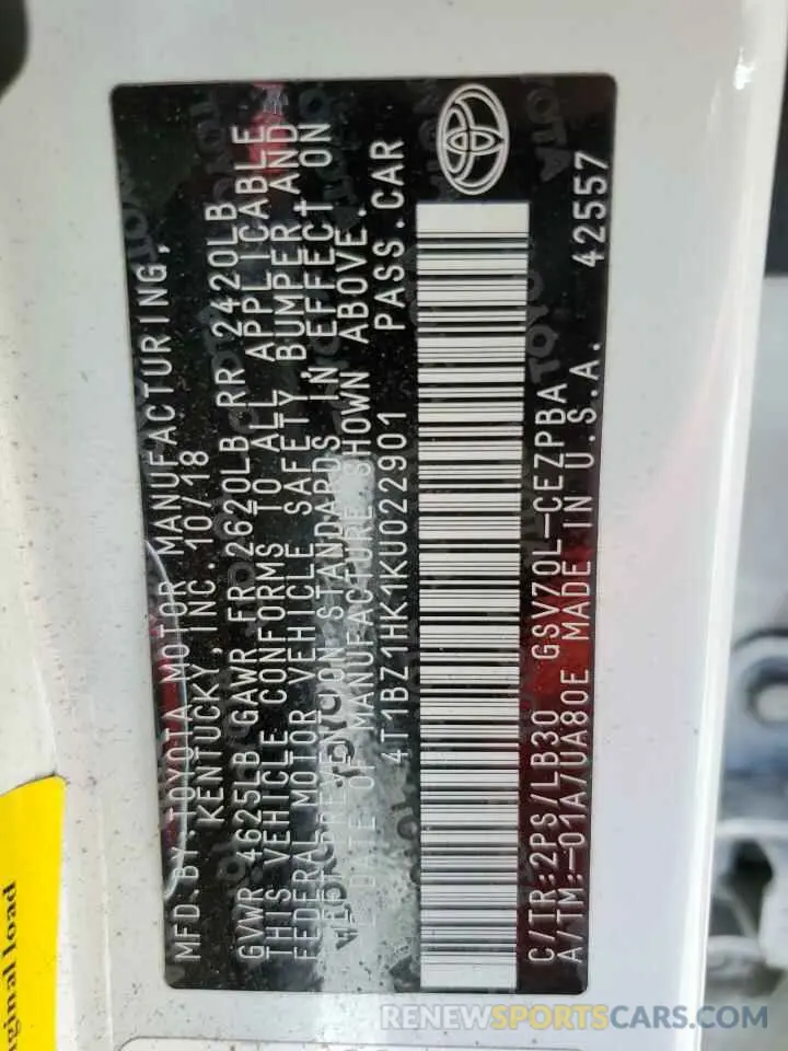 14 Photograph of a damaged car 4T1BZ1HK1KU022901 TOYOTA CAMRY 2019
