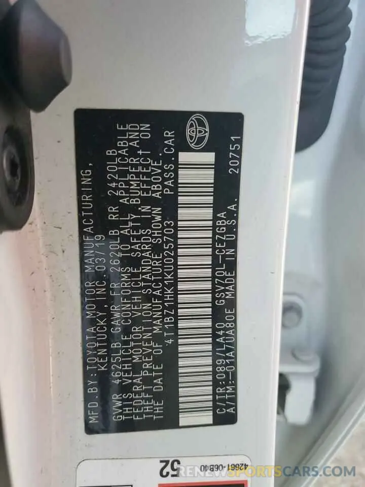 13 Photograph of a damaged car 4T1BZ1HK1KU025703 TOYOTA CAMRY 2019