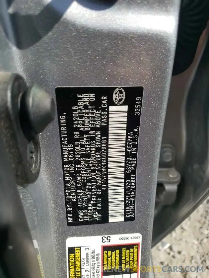 12 Photograph of a damaged car 4T1BZ1HK1KU029881 TOYOTA CAMRY 2019