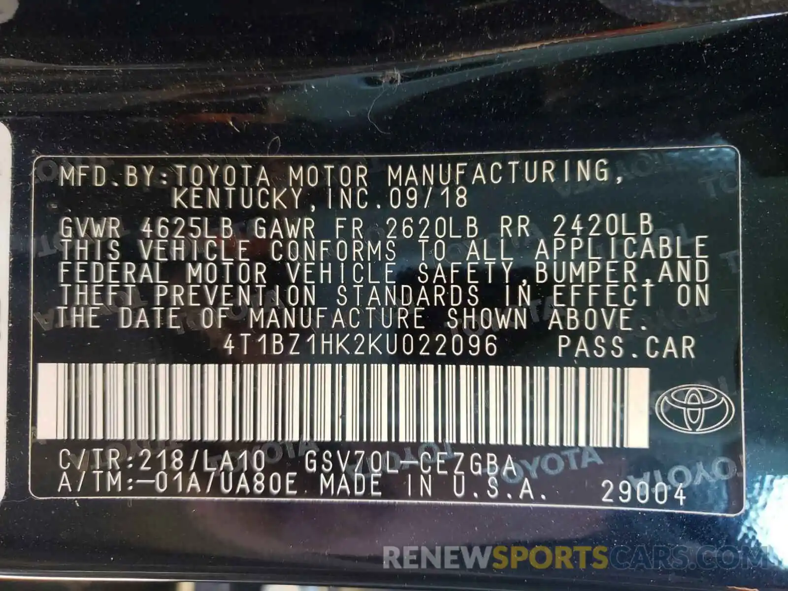 10 Photograph of a damaged car 4T1BZ1HK2KU022096 TOYOTA CAMRY 2019