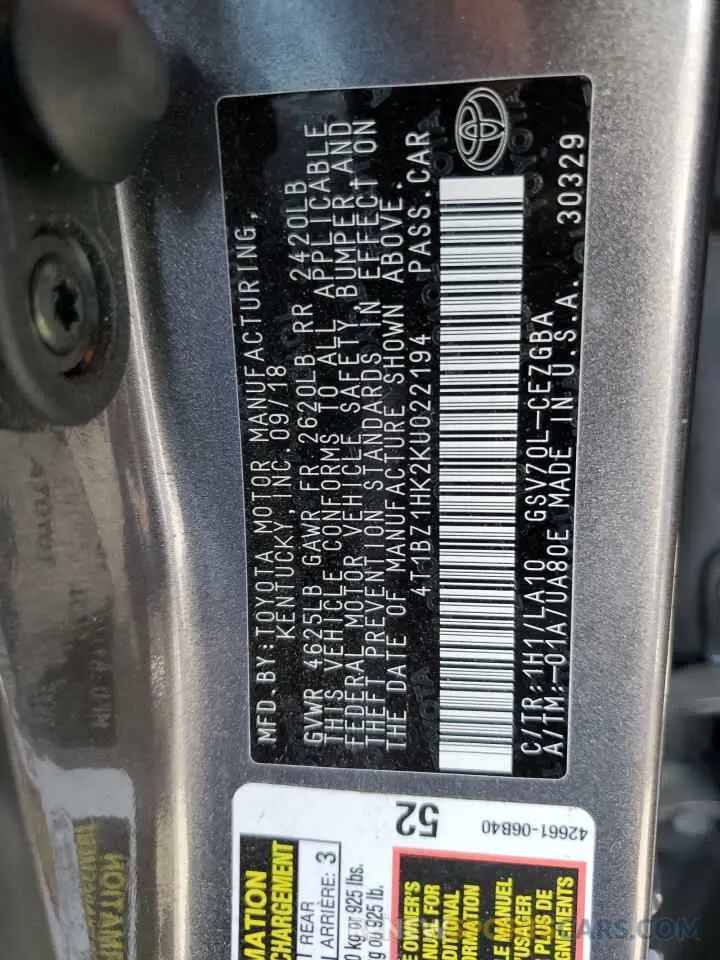 12 Photograph of a damaged car 4T1BZ1HK2KU022194 TOYOTA CAMRY 2019