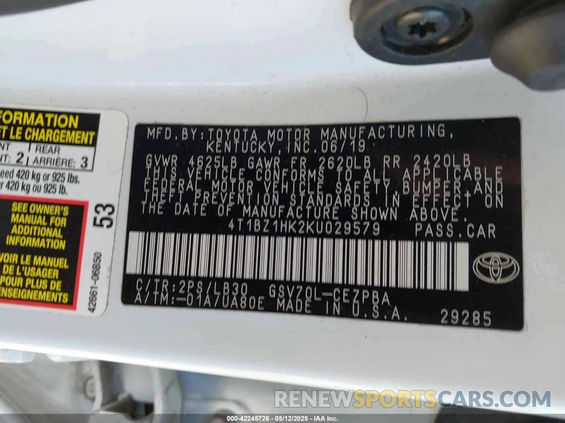 9 Photograph of a damaged car 4T1BZ1HK2KU029579 TOYOTA CAMRY 2019