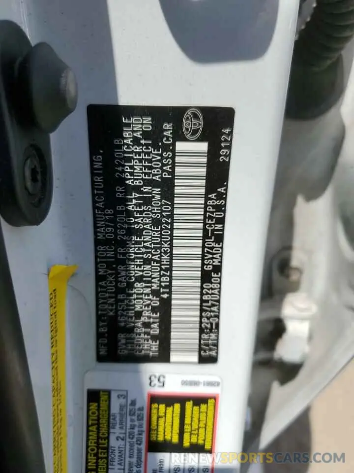 12 Photograph of a damaged car 4T1BZ1HK3KU022107 TOYOTA CAMRY 2019