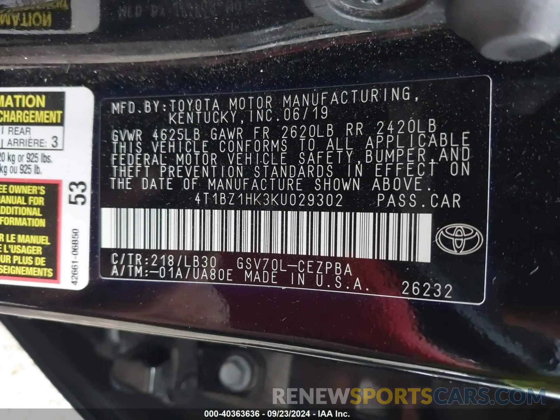 9 Photograph of a damaged car 4T1BZ1HK3KU029302 TOYOTA CAMRY 2019