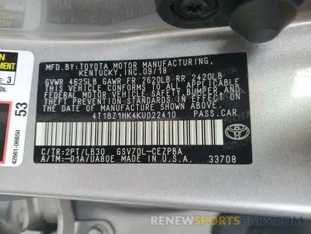 13 Photograph of a damaged car 4T1BZ1HK4KU022410 TOYOTA CAMRY 2019