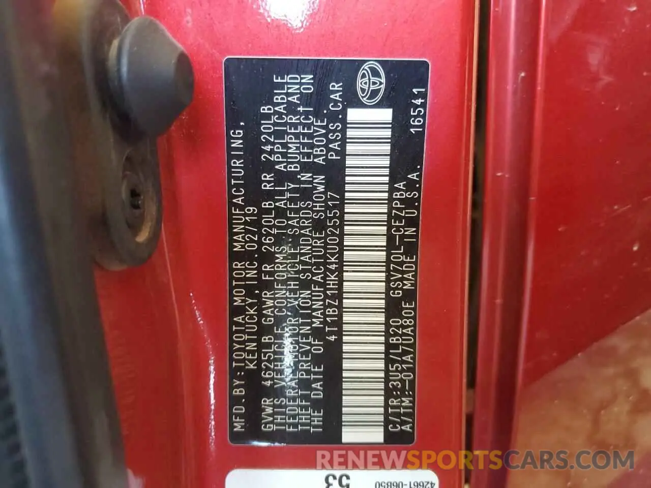 13 Photograph of a damaged car 4T1BZ1HK4KU025517 TOYOTA CAMRY 2019