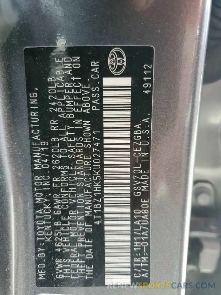 12 Photograph of a damaged car 4T1BZ1HK5KU027471 TOYOTA CAMRY 2019