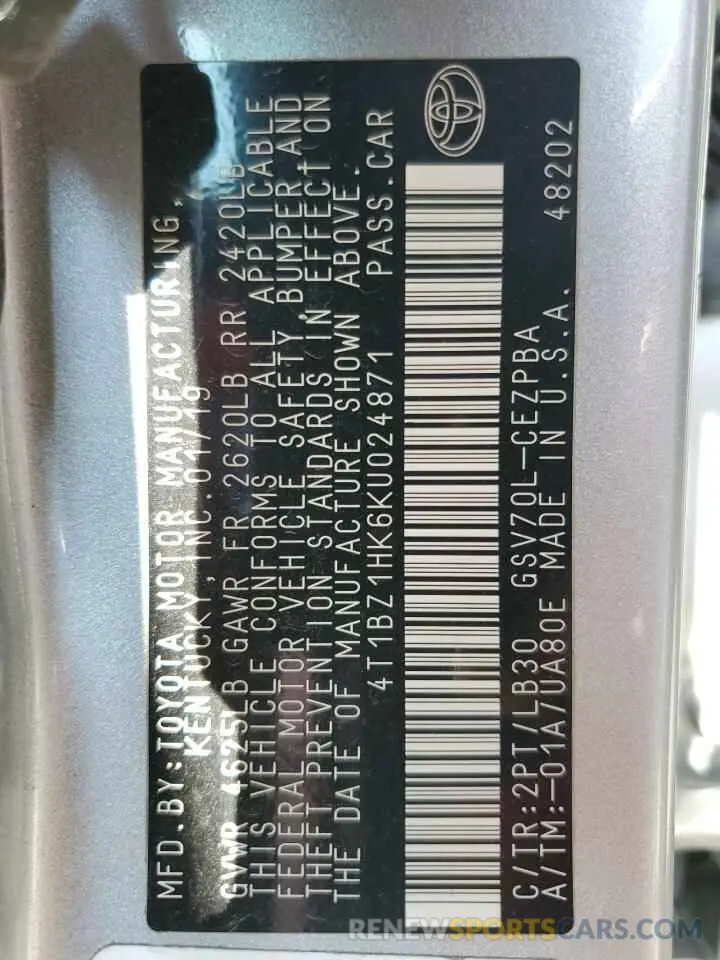 12 Photograph of a damaged car 4T1BZ1HK6KU024871 TOYOTA CAMRY 2019