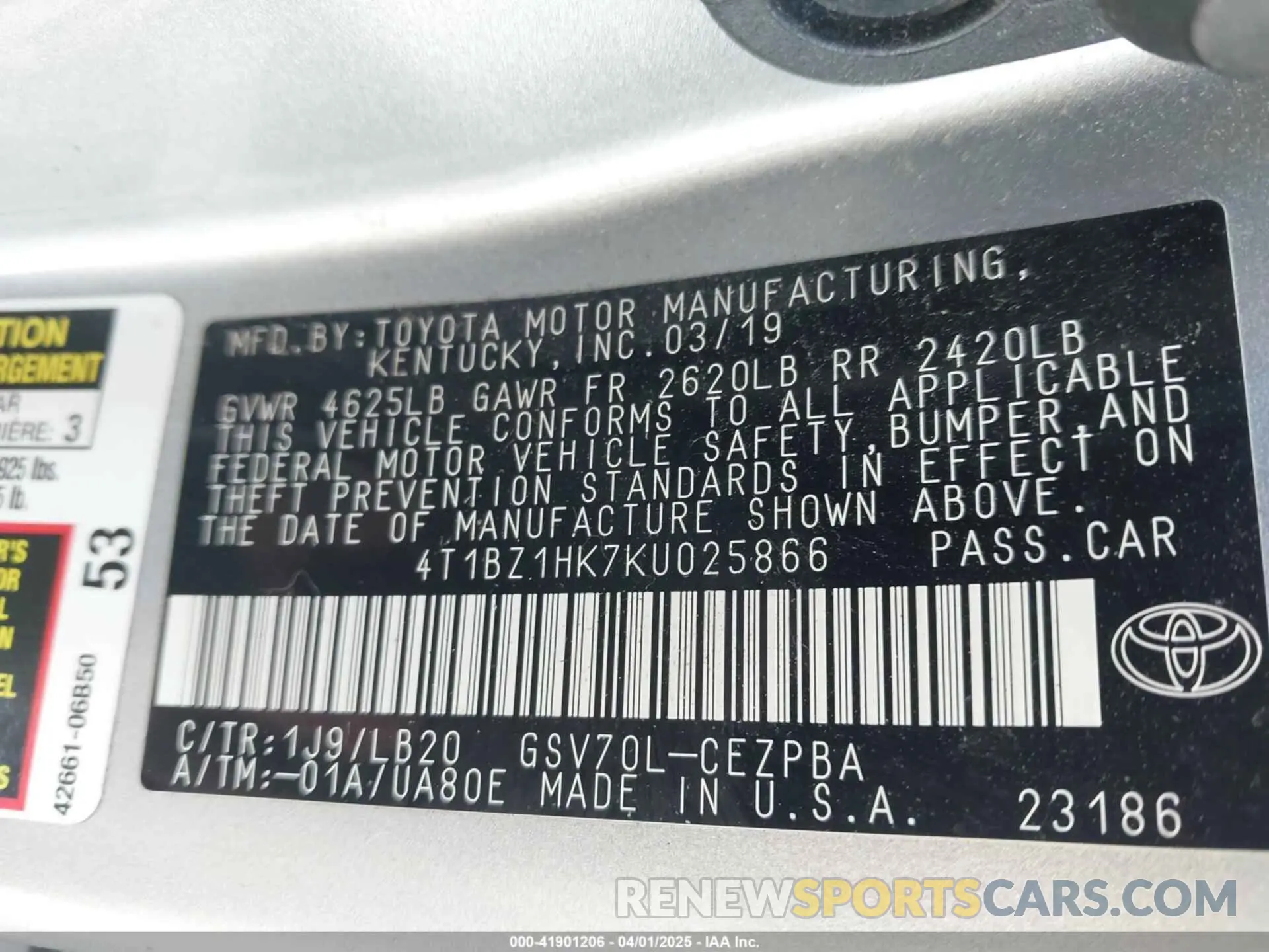 9 Photograph of a damaged car 4T1BZ1HK7KU025866 TOYOTA CAMRY 2019