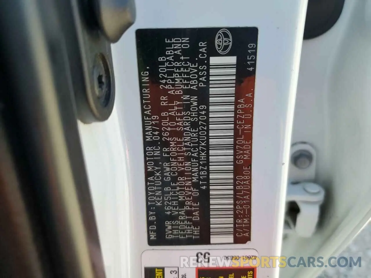 13 Photograph of a damaged car 4T1BZ1HK7KU027049 TOYOTA CAMRY 2019