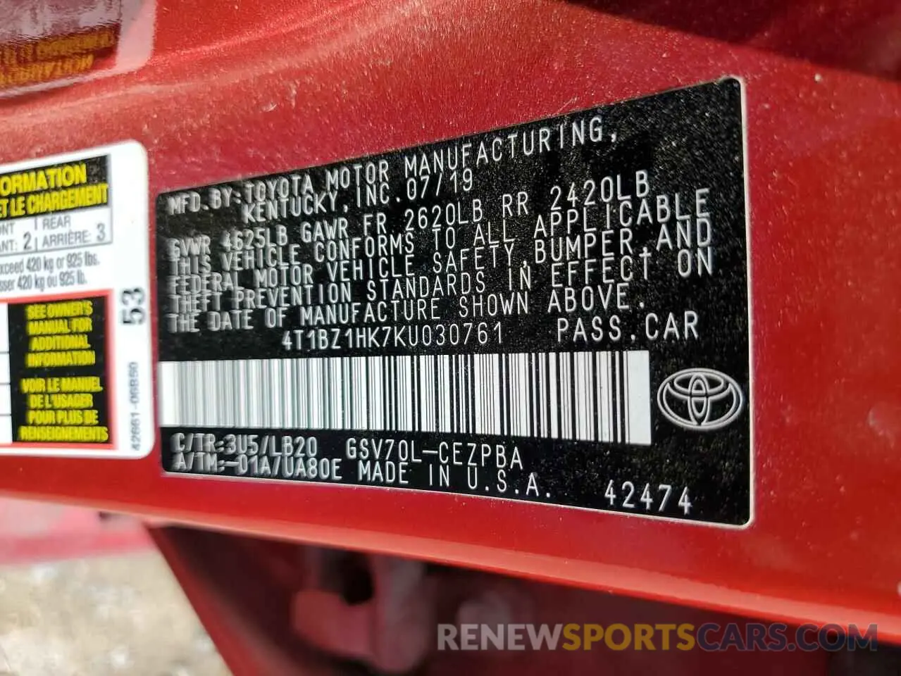 12 Photograph of a damaged car 4T1BZ1HK7KU030761 TOYOTA CAMRY 2019