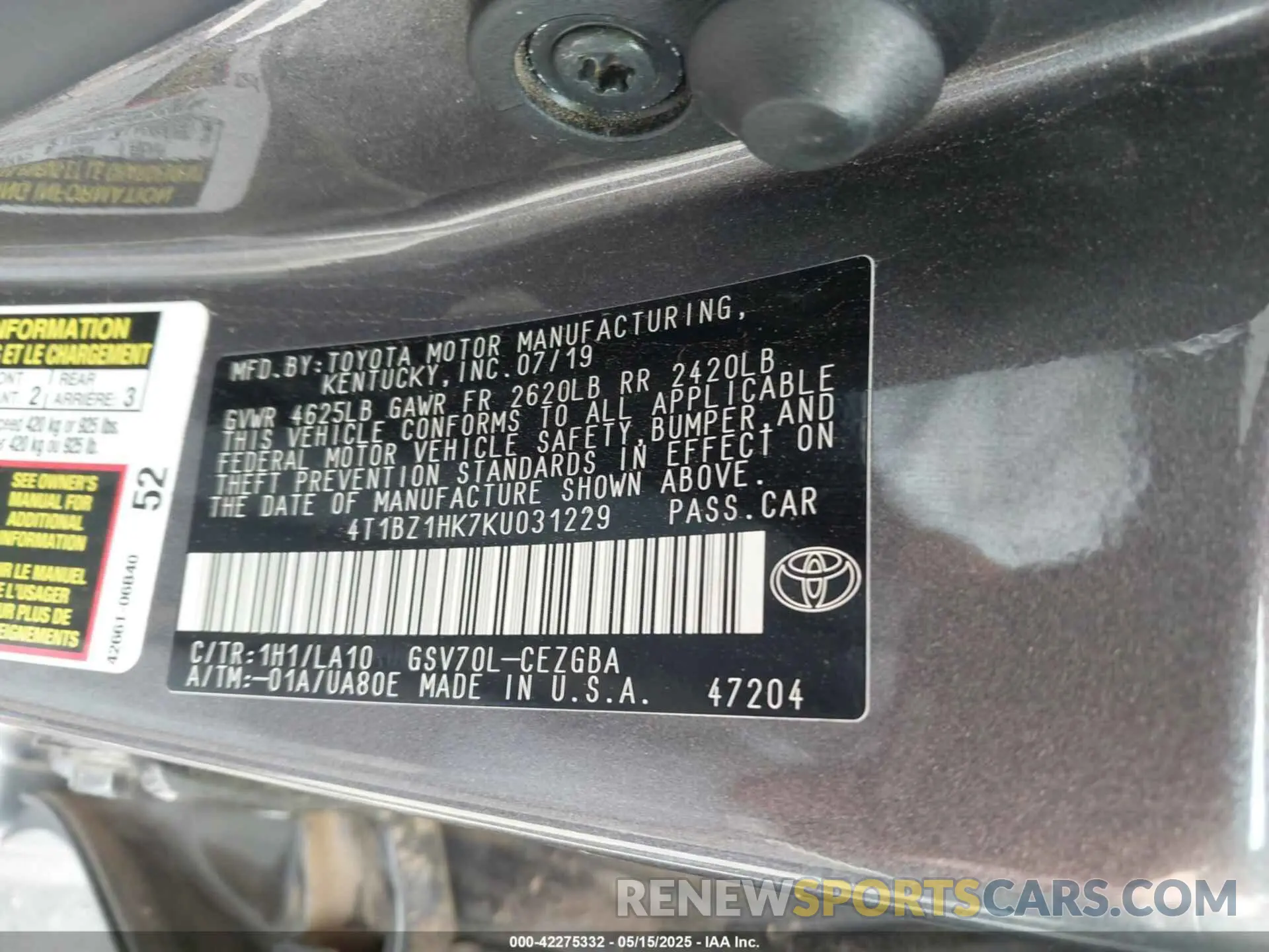 9 Photograph of a damaged car 4T1BZ1HK7KU031229 TOYOTA CAMRY 2019