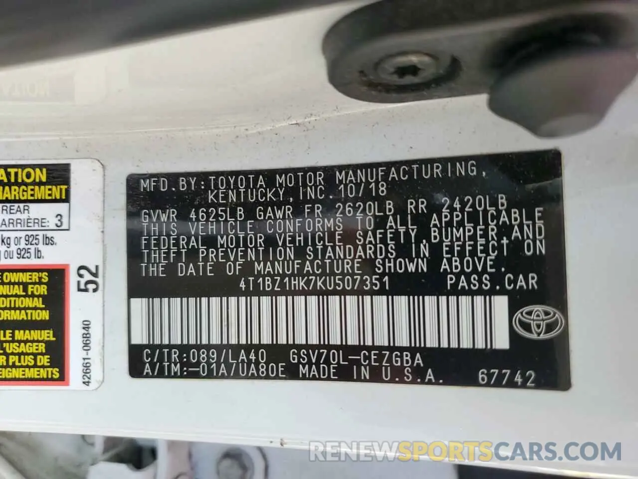 12 Photograph of a damaged car 4T1BZ1HK7KU507351 TOYOTA CAMRY 2019