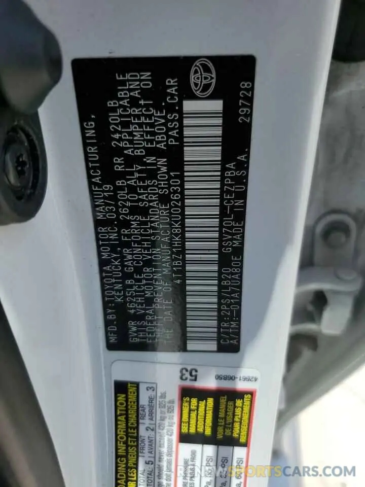 12 Photograph of a damaged car 4T1BZ1HK8KU026301 TOYOTA CAMRY 2019