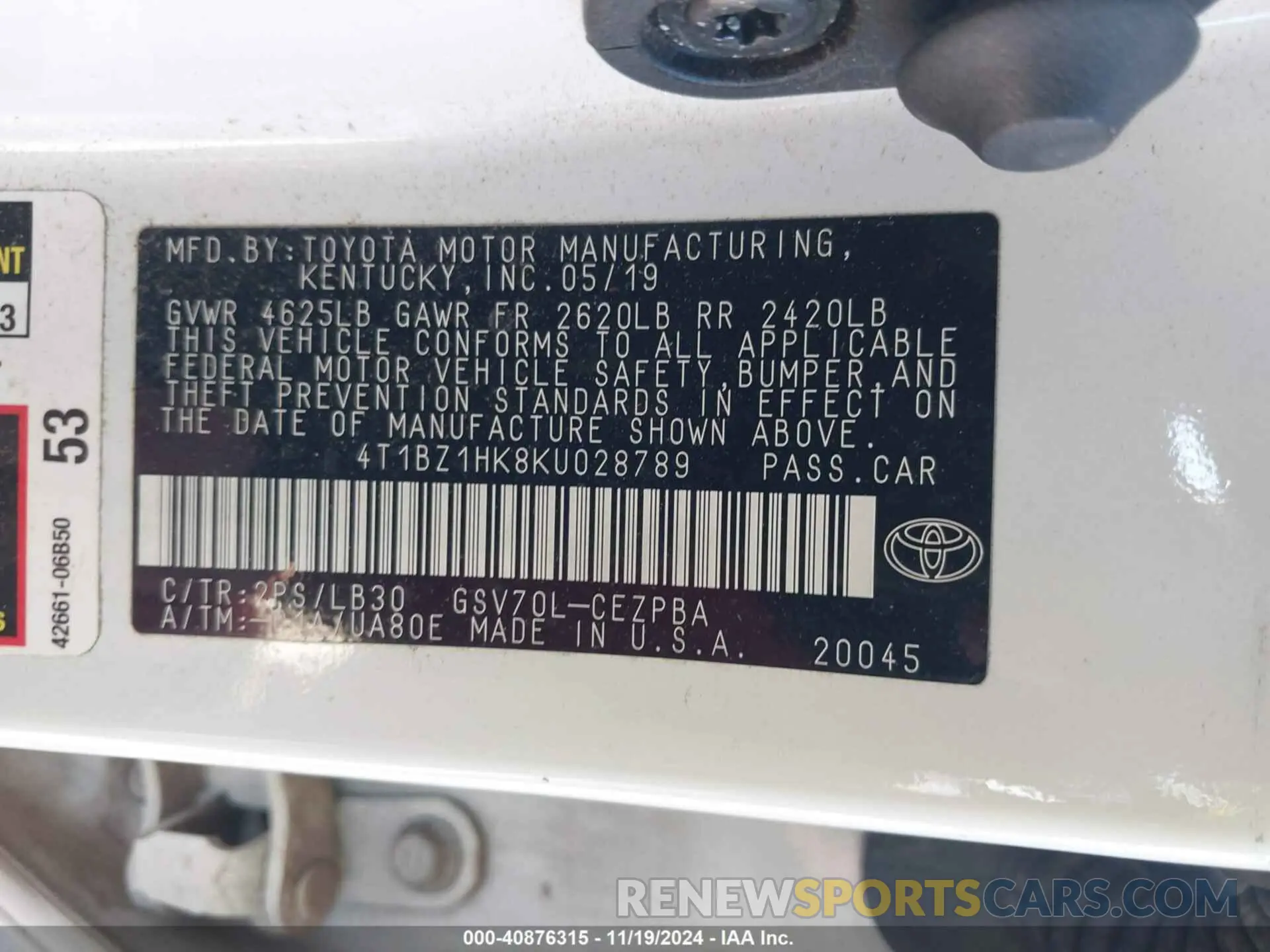 9 Photograph of a damaged car 4T1BZ1HK8KU028789 TOYOTA CAMRY 2019