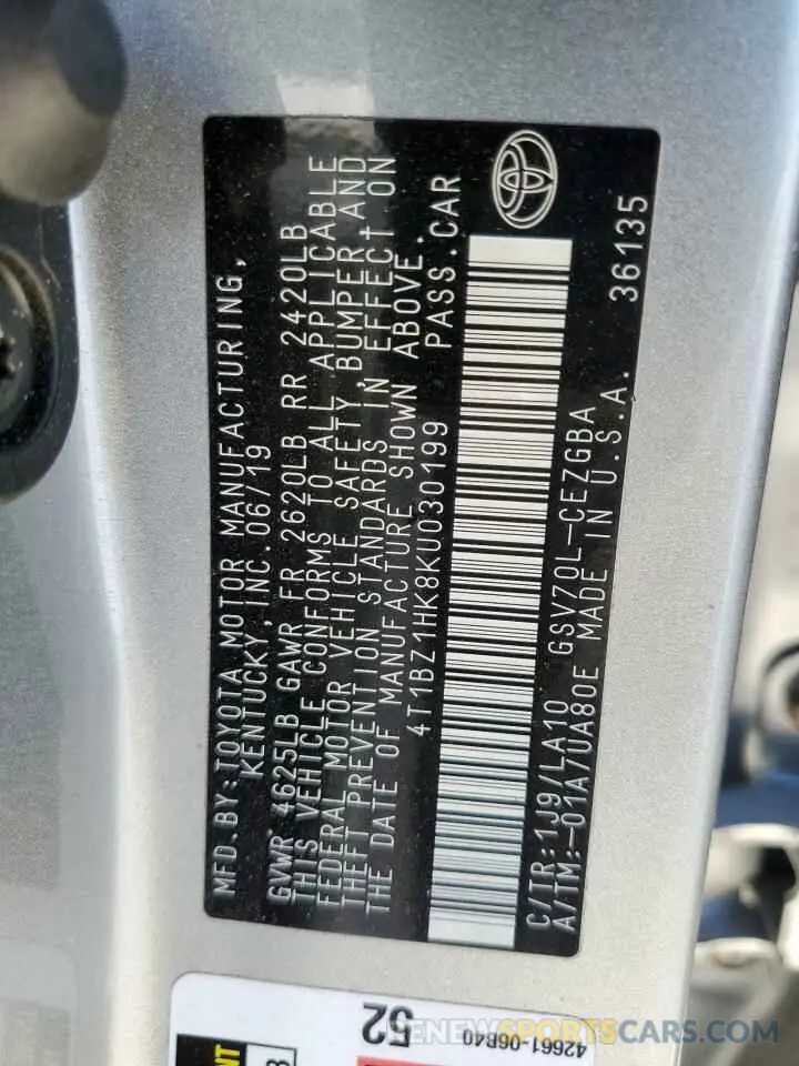 12 Photograph of a damaged car 4T1BZ1HK8KU030199 TOYOTA CAMRY 2019