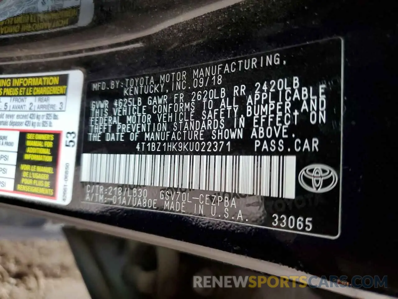 12 Photograph of a damaged car 4T1BZ1HK9KU022371 TOYOTA CAMRY 2019