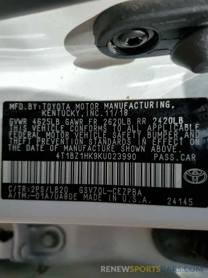 13 Photograph of a damaged car 4T1BZ1HK9KU023990 TOYOTA CAMRY 2019