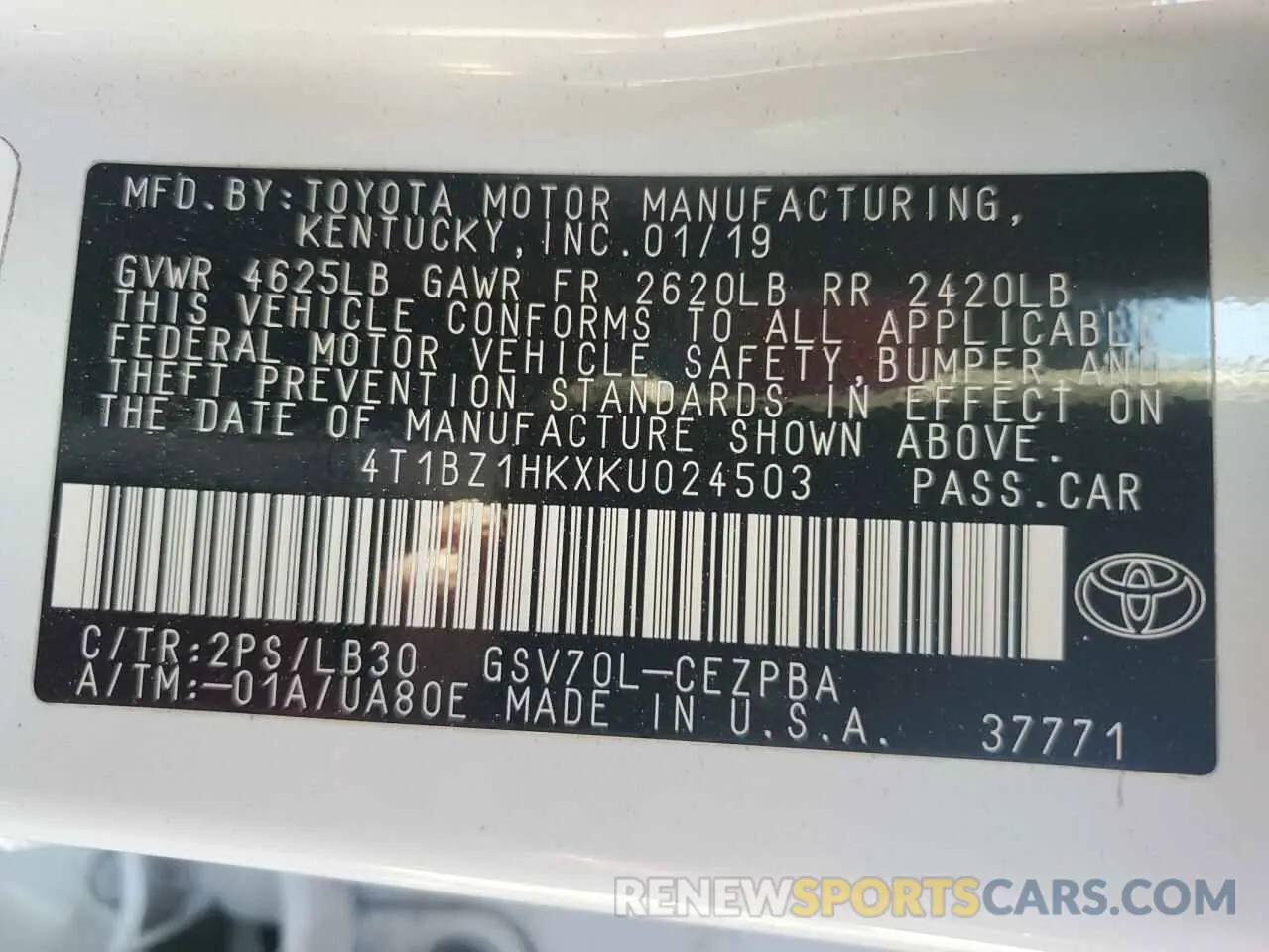 12 Photograph of a damaged car 4T1BZ1HKXKU024503 TOYOTA CAMRY 2019