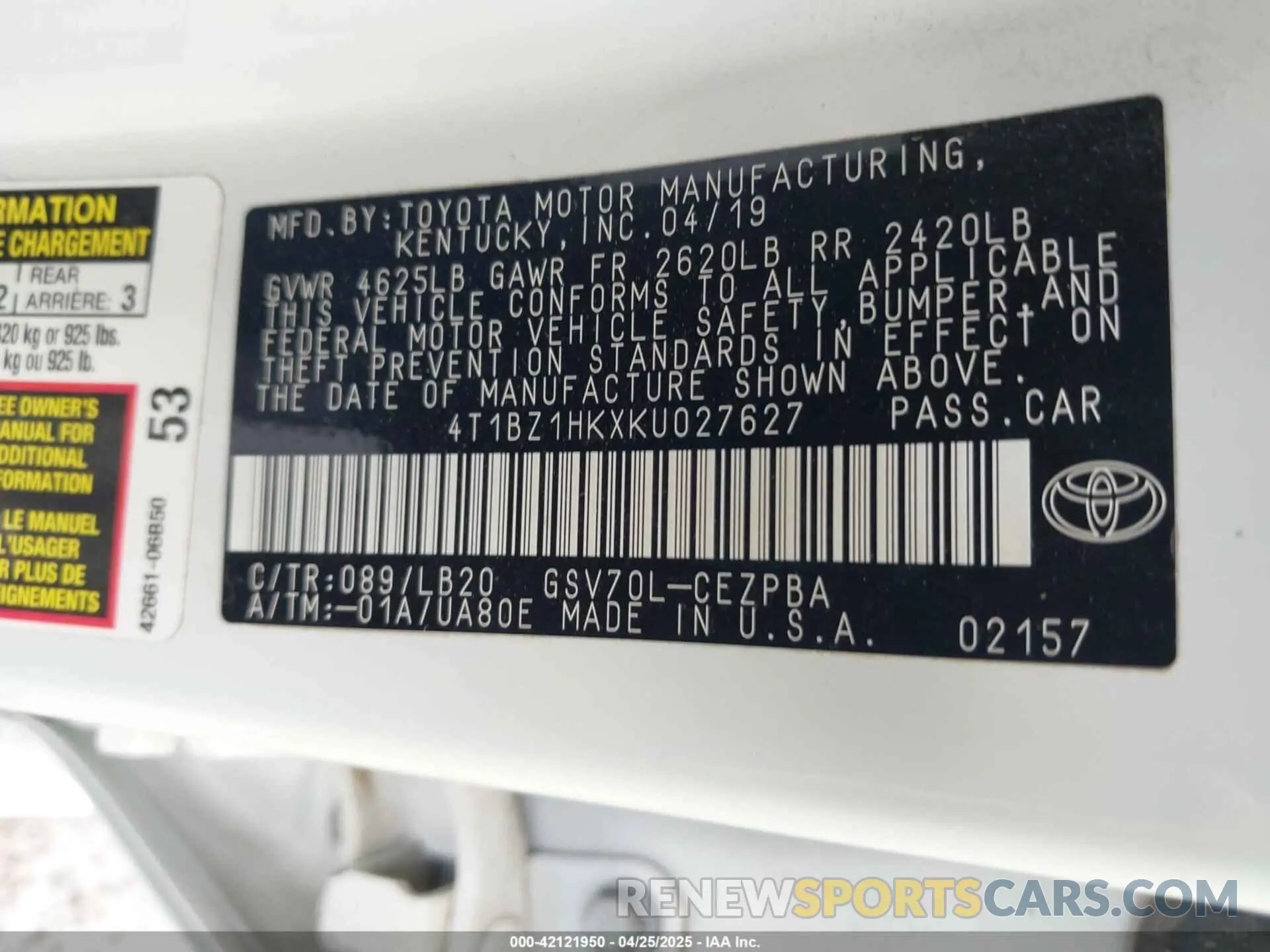 9 Photograph of a damaged car 4T1BZ1HKXKU027627 TOYOTA CAMRY 2019