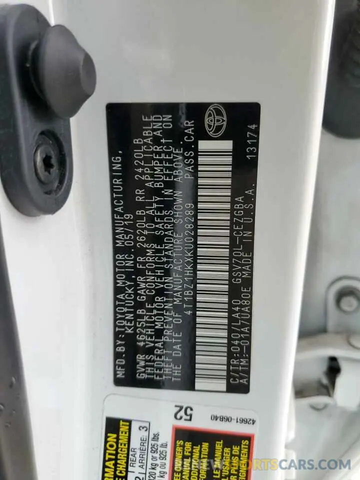 12 Photograph of a damaged car 4T1BZ1HKXKU028289 TOYOTA CAMRY 2019