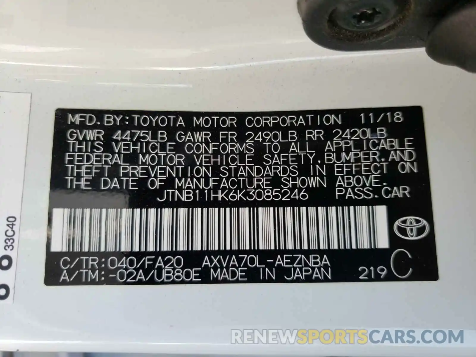 10 Photograph of a damaged car JTNB11HK6K3085246 TOYOTA CAMRY 2019