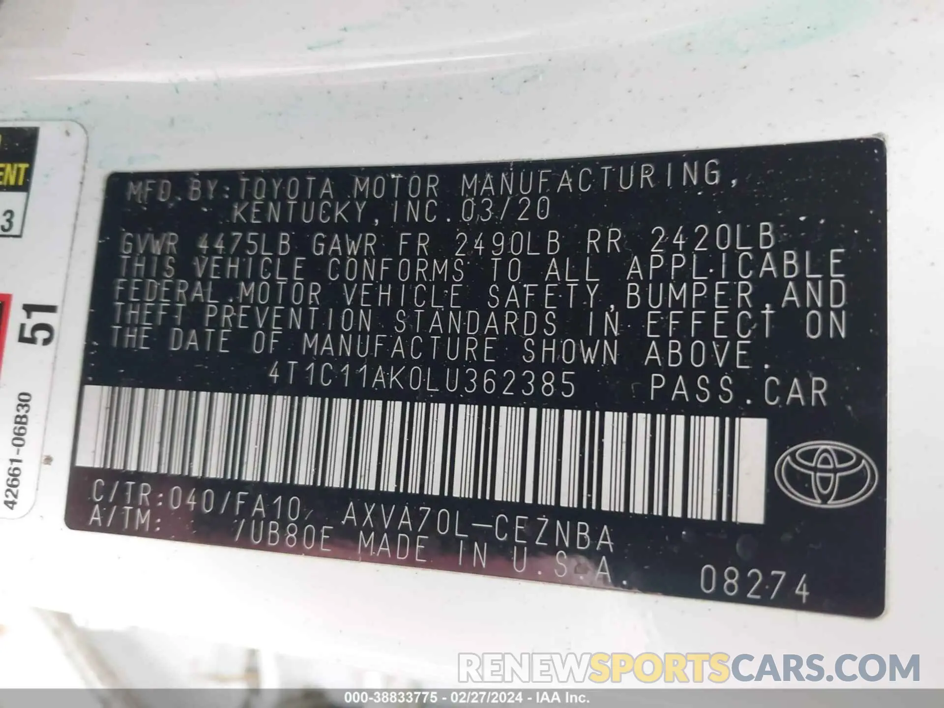 9 Photograph of a damaged car 4T1C11AK0LU362385 TOYOTA CAMRY 2020