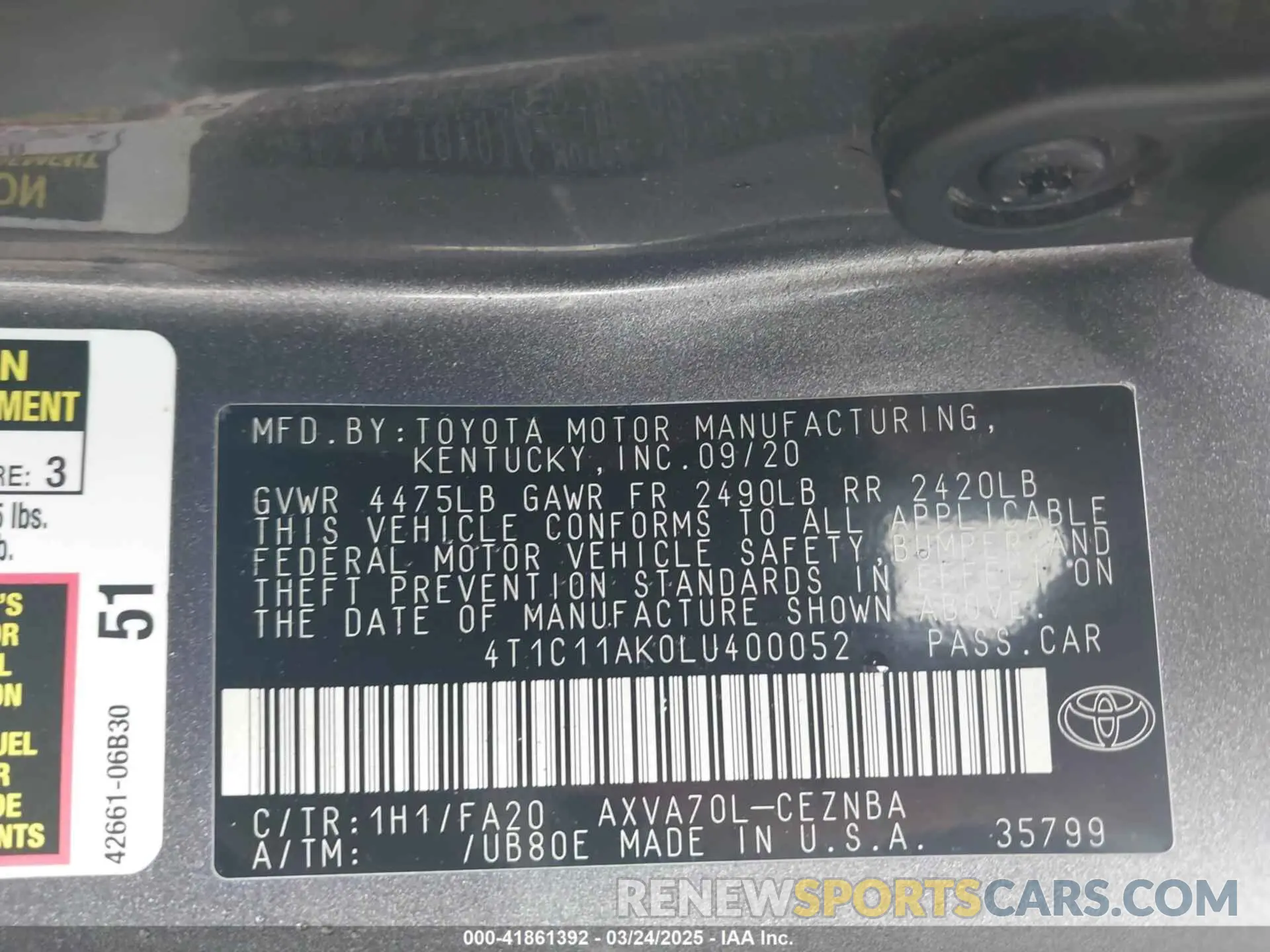 9 Photograph of a damaged car 4T1C11AK0LU400052 TOYOTA CAMRY 2020