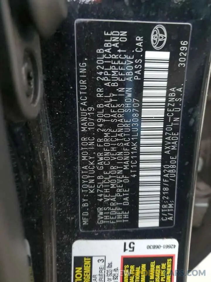 13 Photograph of a damaged car 4T1C11AK1LU308707 TOYOTA CAMRY 2020
