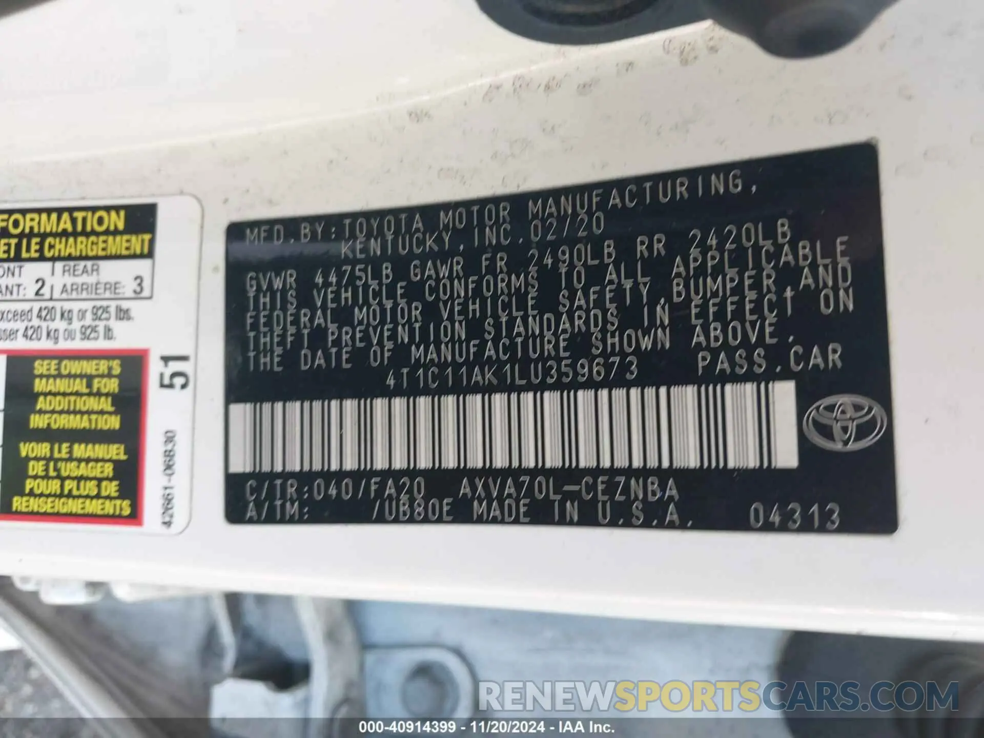 9 Photograph of a damaged car 4T1C11AK1LU359673 TOYOTA CAMRY 2020