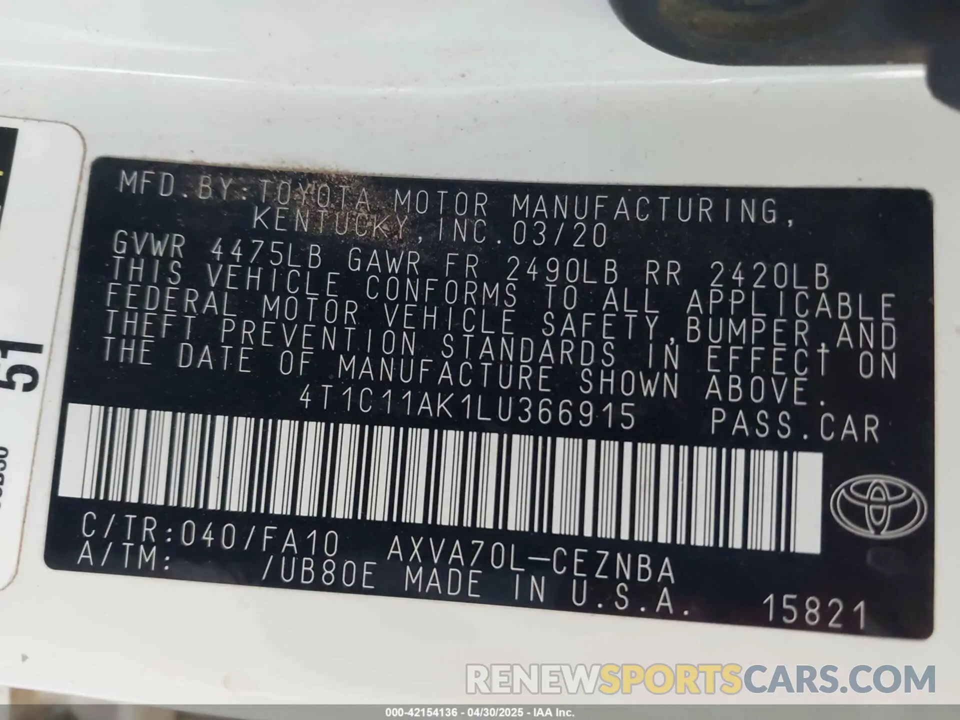 9 Photograph of a damaged car 4T1C11AK1LU366915 TOYOTA CAMRY 2020