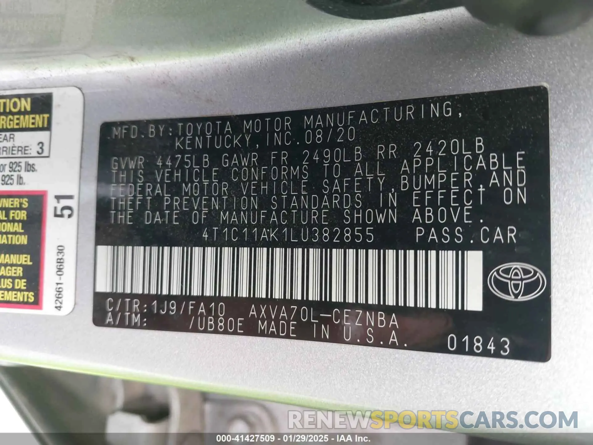 9 Photograph of a damaged car 4T1C11AK1LU382855 TOYOTA CAMRY 2020