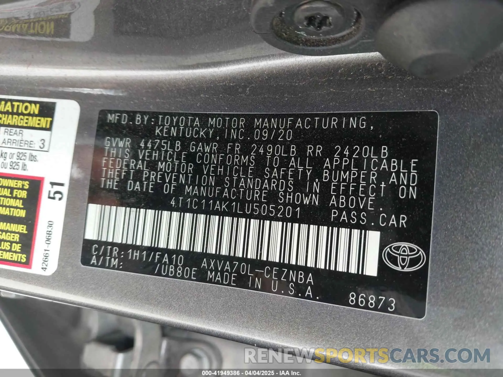 9 Photograph of a damaged car 4T1C11AK1LU505201 TOYOTA CAMRY 2020
